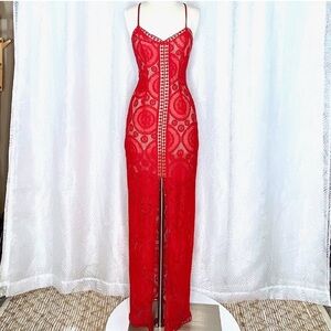 L'ATISTE Red Spaghetti Strap Bodycon Maxi Dress
